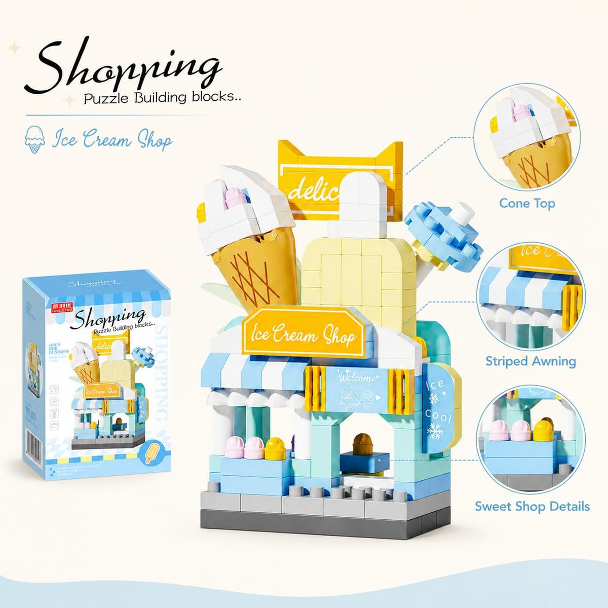 Micro Blocks Street View Town Architecture Kit, Mini Shops Building Bricks Toy for Boys Girls Teens, Creative Ice Cream Bakery Store Display Model, (Multicolor,Ice Cream Shop)