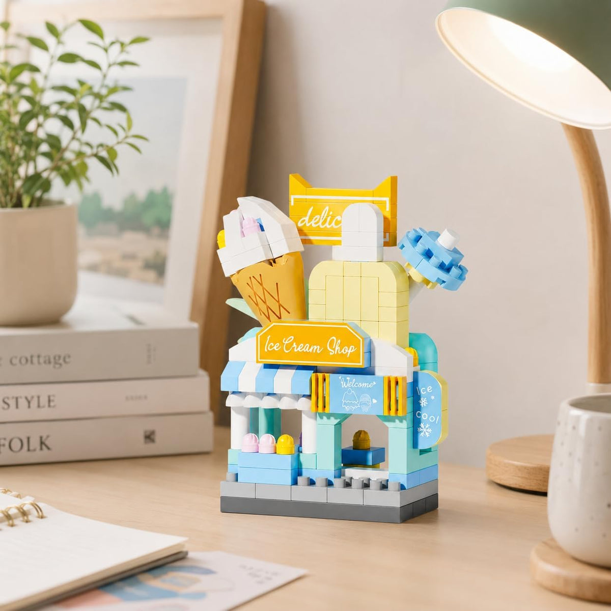 Micro Blocks Street View Town Architecture Kit, Mini Shops Building Bricks Toy for Boys Girls Teens, Creative Ice Cream Bakery Store Display Model, (Multicolor,Ice Cream Shop)