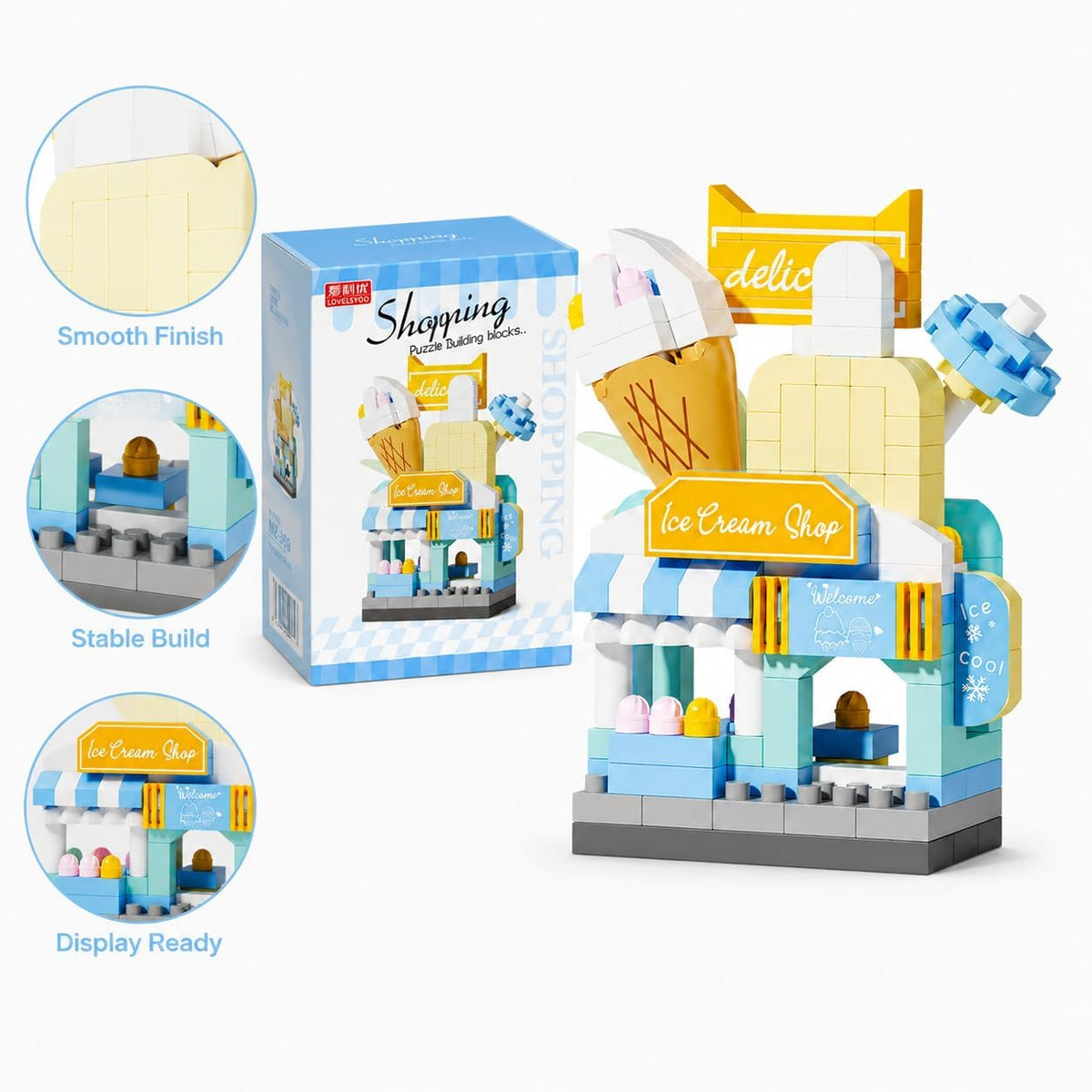 Micro Blocks Street View Town Architecture Kit, Mini Shops Building Bricks Toy for Boys Girls Teens, Creative Ice Cream Bakery Store Display Model, (Multicolor,Ice Cream Shop)