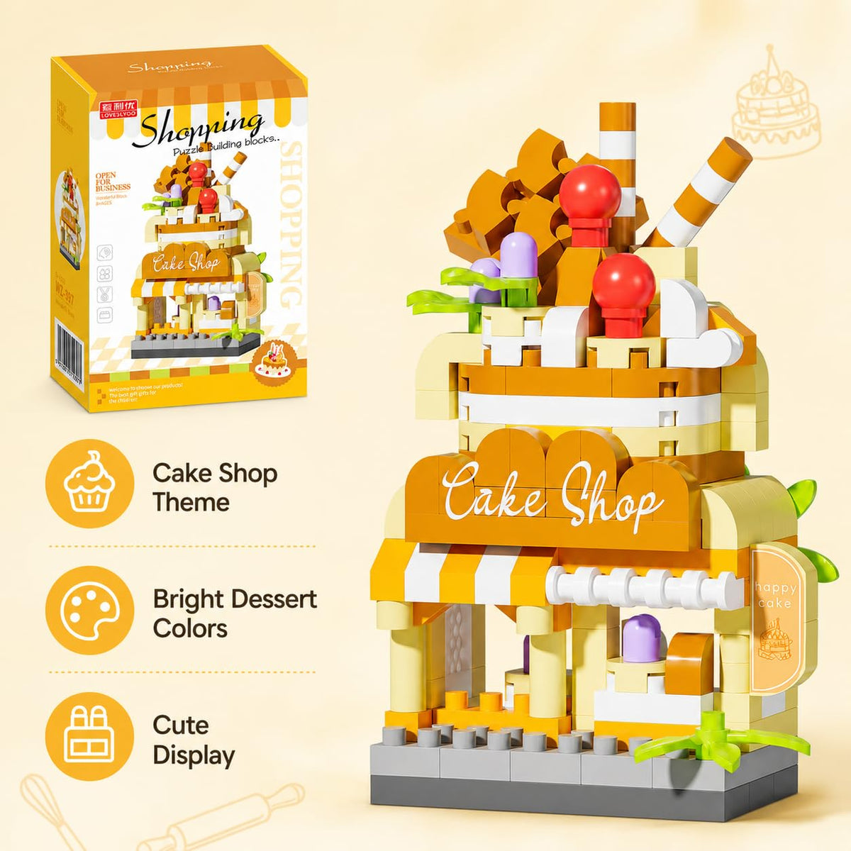 Micro Blocks Street View Town Architecture Kit, Mini Shops Building Bricks Toy for Boys Girls Teens, Creative Ice Cream Bakery Store Display Model, (Multicolor,Ice Cream Shop)
