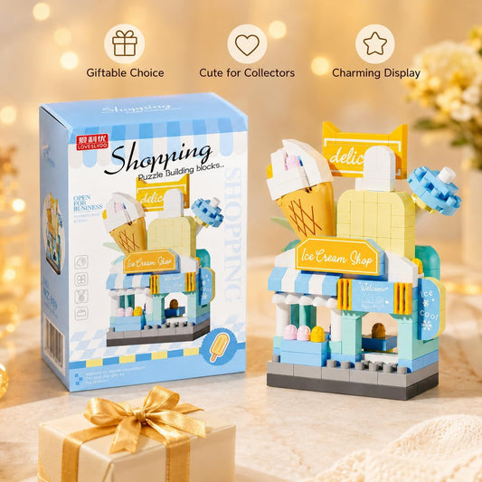 Micro Blocks Street View Town Architecture Kit, Mini Shops Building Bricks Toy for Boys Girls Teens, Creative Ice Cream Bakery Store Display Model, (Multicolor,Ice Cream Shop)