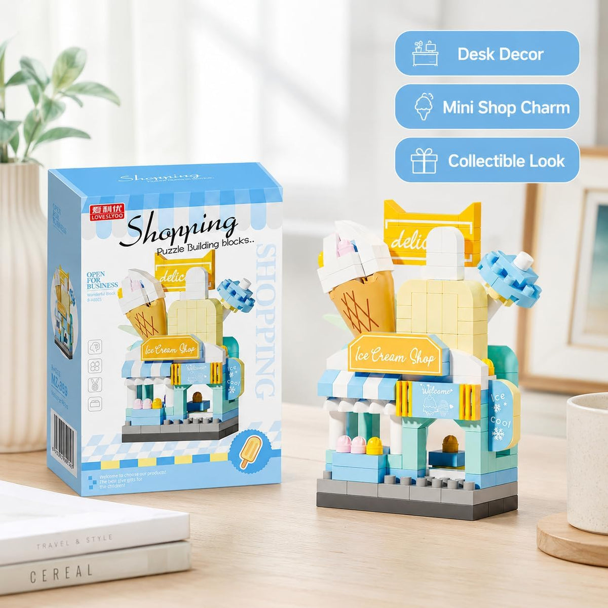 Micro Blocks Street View Town Architecture Kit, Mini Shops Building Bricks Toy for Boys Girls Teens, Creative Ice Cream Bakery Store Display Model, (Multicolor,Ice Cream Shop)