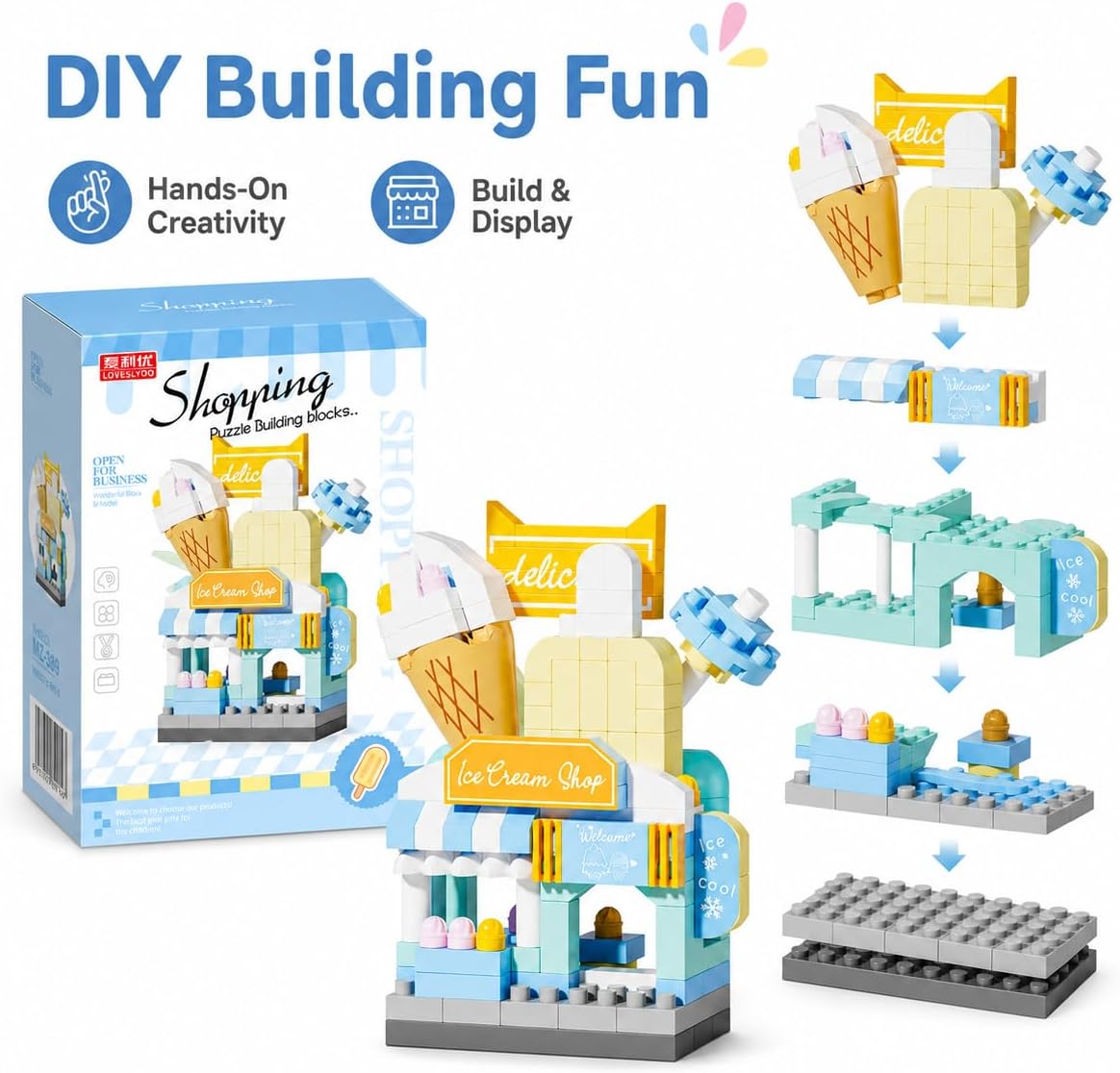 Micro Blocks Street View Town Architecture Kit, Mini Shops Building Bricks Toy for Boys Girls Teens, Creative Ice Cream Bakery Store Display Model, (Multicolor,Ice Cream Shop)